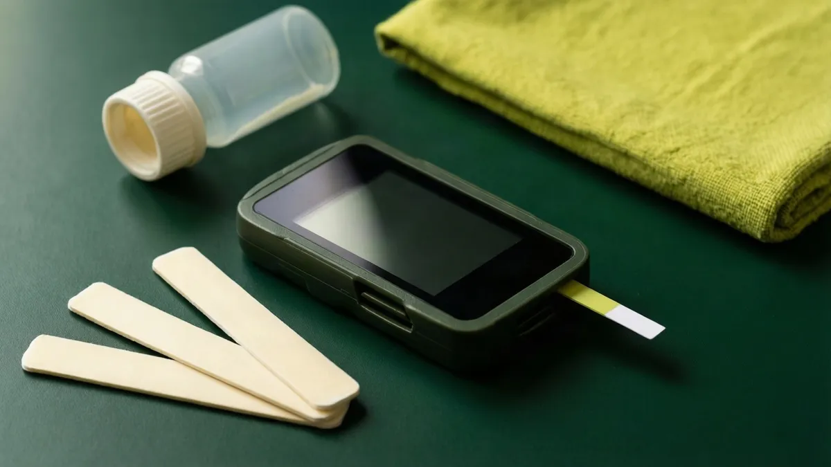 Medidor de cetonas con la pantalla apagada, una tira insertada y tres tiras sin usar al lado
