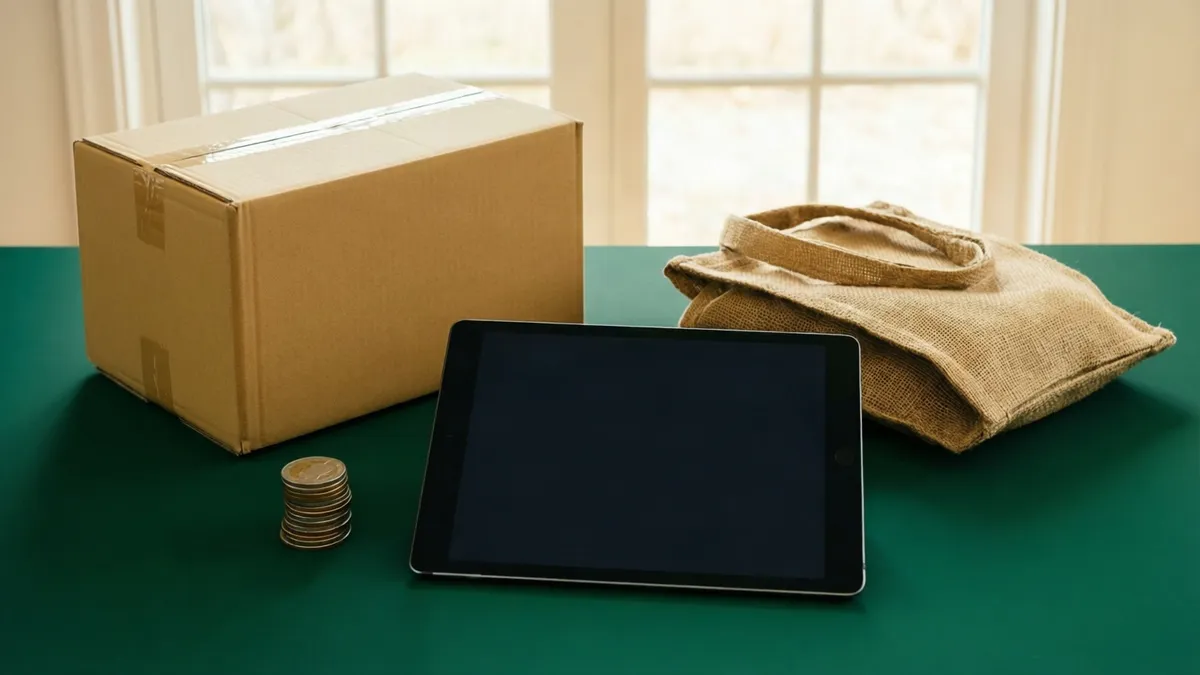 Caja de cartón, monedas apiladas, tableta con pantalla negra y bolsa de arpillera sobre mesa verde.
