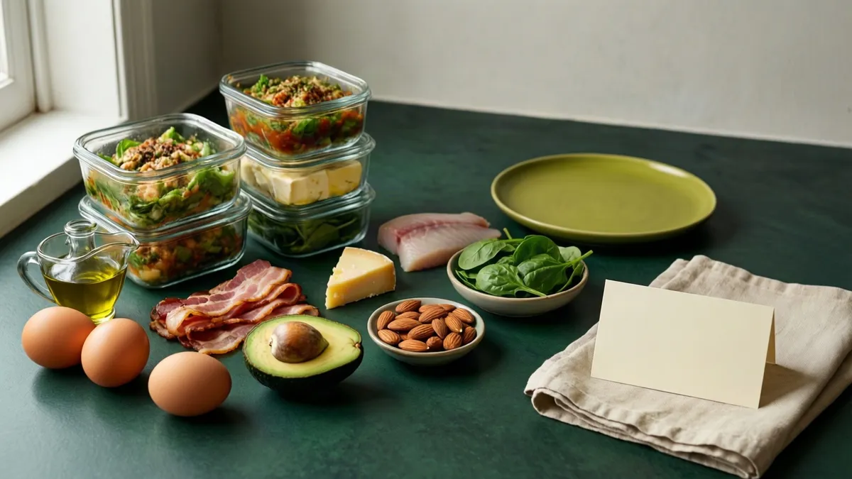 Huevos, bacon, aguacate, almendras, queso curado, mantequilla, espinacas, filete de pescado blanco y aceite de oliva sobre una encimera de piedra verde oscuro.