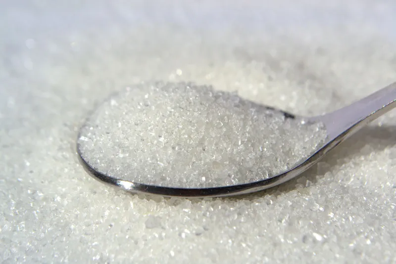 Primer plano de cristales blancos en una cuchara metálica: azúcar y eritritol son casi indistinguibles a simple vista