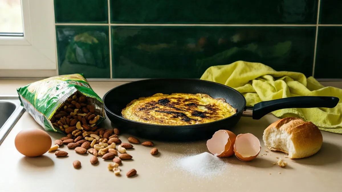 Sartén con una tortilla quemada, frutos secos derramados, huevos rotos y medio panecillo