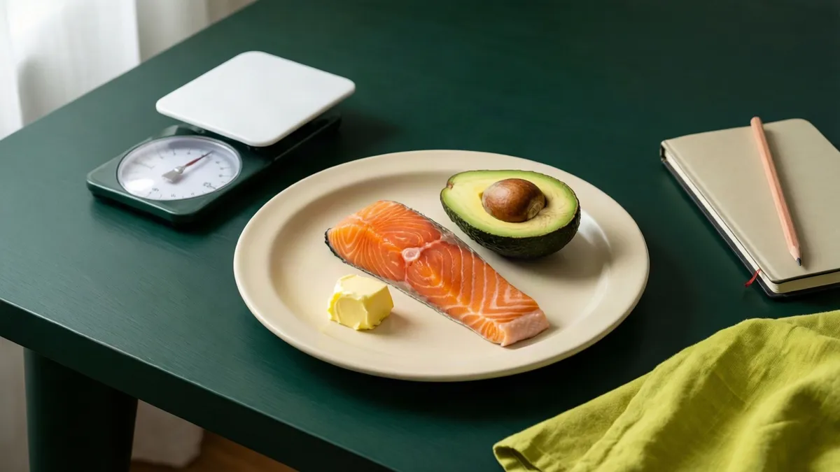 Plato con salmón, aguacate y mantequilla junto a una báscula de cocina y una libreta